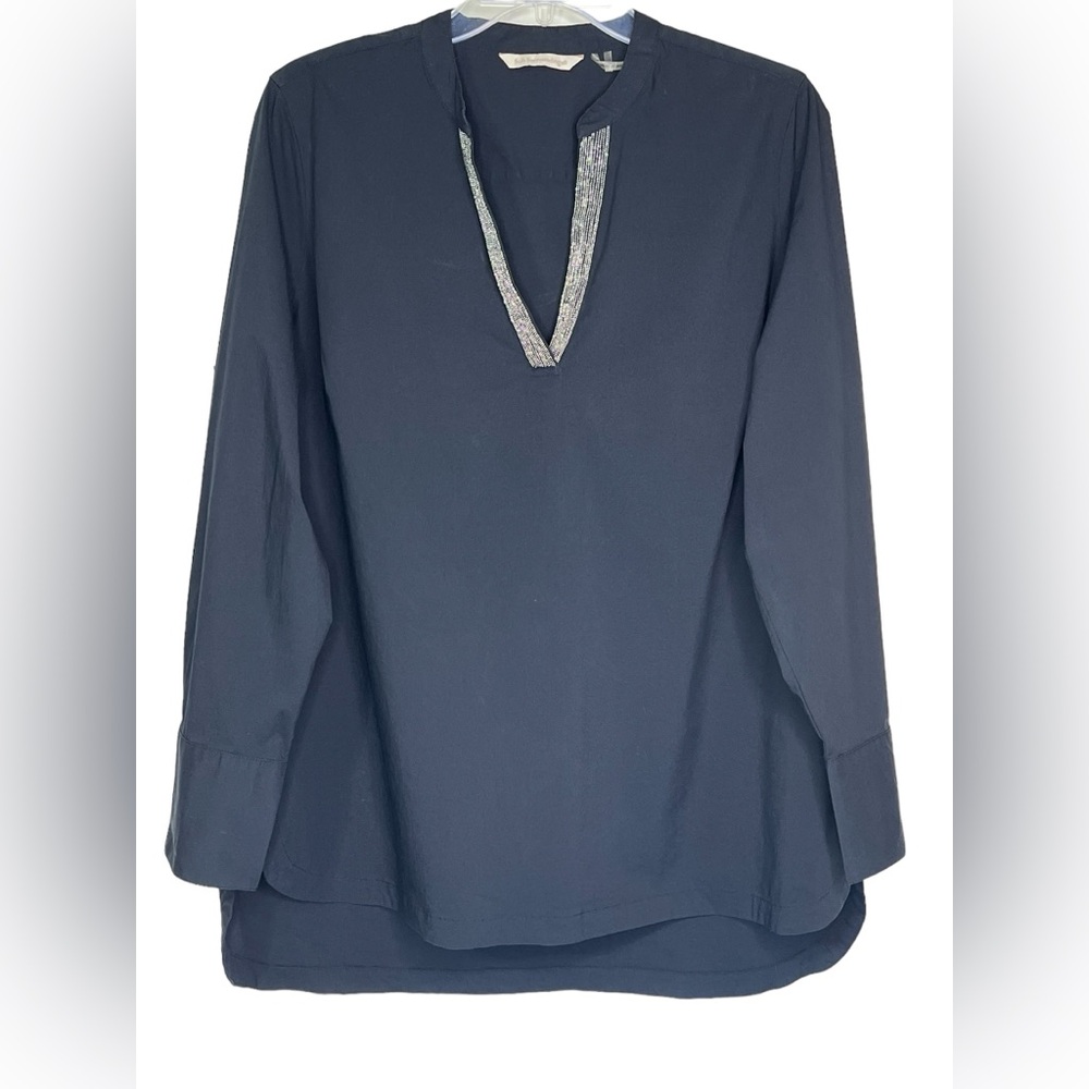 Soft Surroundings Long Sleeve Black V Neck Silver‎ Beads Womens L Pullover Shirt
